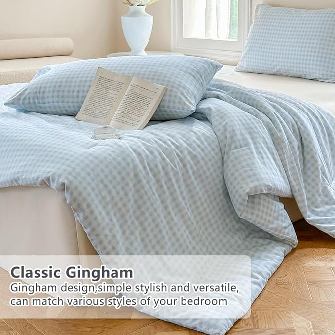 NSNLGSGC Light Blue Gingham Cotton Comforter Set Queen, 100% Washed Cotton Blue Plaid Checked Comforter Bedding, 3 Pieces Vintage Farmhouse Grid Bedding Set(Light Blue Gingham, Queen)