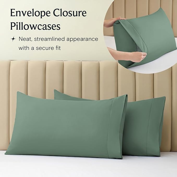 LuxClub 4 PC Queen Sheet Set, Breathable Luxury Bed Sheets, Deep Pockets 18" Wrinkle Free Cooling Sheets Machine Washable Hotel Bedding Silky Soft - Tree Moss Green Queen