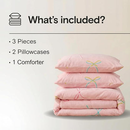 Bedbay Pink Bow Comforter Set Queen Size Warm Fluffy Fleece Bedding Set Cute Bowknot Teen Girls Ultra Soft Plush Velvet Comforter Queen Bed Set Sweet Bow Tie Dreamy Princess Style Bedding 3 Pcs
