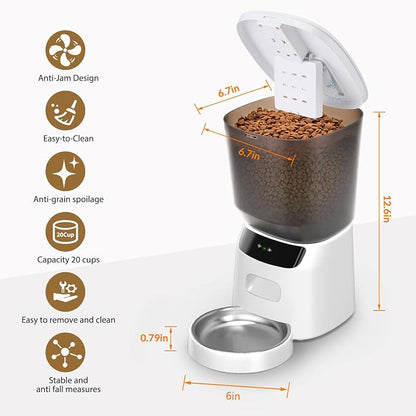 Automatic Cat Feeder WiFi, 5L Pet Feeder with App Control, 10 Meals Daily, 20 Portion Sizes, Timed Automatic Cat Food Dispenser, Stainless Steel Bowl, Dual Power Supply, Dry Food Feeder for Cats