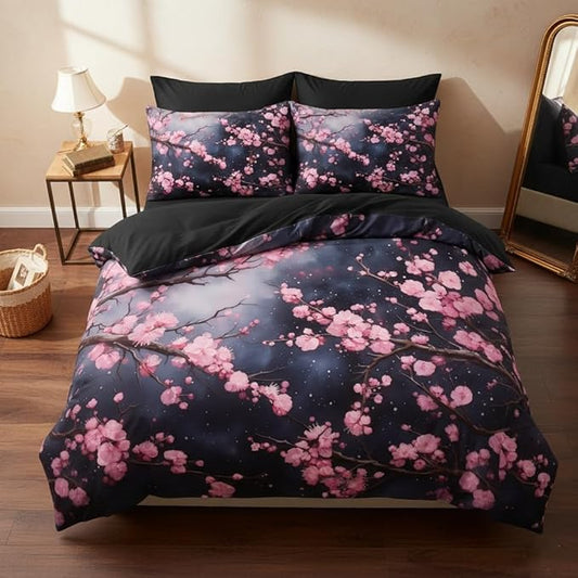 Black Pink Comforter Set Queen, Japanese Cherry Blossoms Bedding for Girls Women 3Pcs Soft Farmhouse Country Quilted Set with 2 Pillowcases, 90"x90"