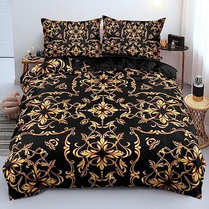 Golden Scrolls Print Duvet Cover and Pillow Shams Gold Leaves Deco for Girls and Boys Bedding Set Full Size Black Color Bed Sets