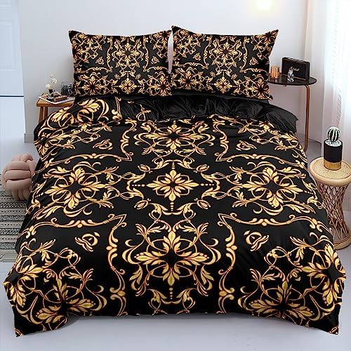Golden Scrolls Print Duvet Cover and Pillow Shams Gold Leaves Deco for Girls and Boys Bedding Set Queen Size Black Color Bed Sets
