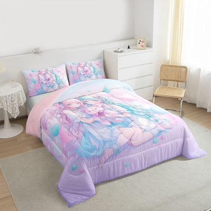 Erosebridal Anime Girl Kids Bedding | Girly Friendship Comforter Sets King,Fantasy Dreamy Girls Comforter Romance Ballons Duvet Insert with 2 Pillow Cases