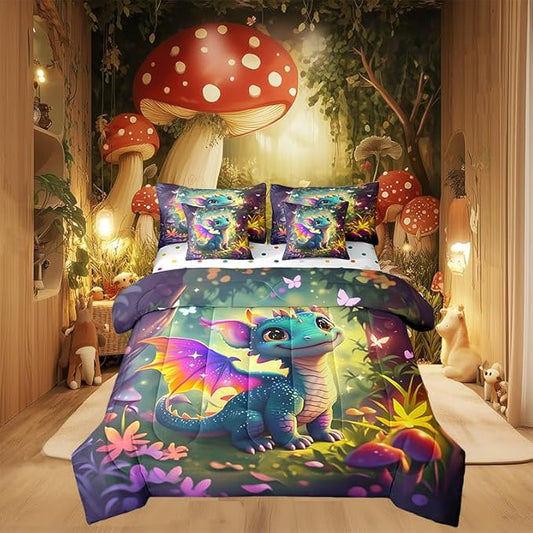 7 Pieces Twin Size Kawaii Dragon Comforter Set,Fantasy Fairy Tale Jungle Bedding Set for Kids Room Decor,Cartoon Magical Wildlife (Comforter+Fitted+Flat Sheet+2 Pillowcases+2 Throw Pillow Covers