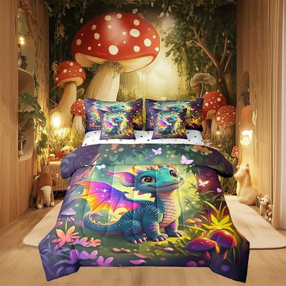7 Pieces Queen Size Kawaii Dragon Comforter Set,Fantasy Fairy Tale Jungle Bedding Set for Kids Room Decor,Cartoon Magical Wildlife (Comforter+Fitted+Flat Sheet+2 Pillowcases+2 Throw Pillow Covers