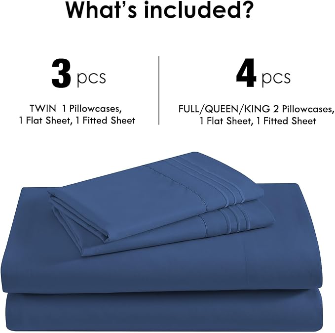 ClevaHome Sheet Set Twin Size, 3-Piece Bedding, Lightweight & Super Soft Easy Care Microfiber– Shrinkage & Fade Resistant Bedding Set with 14'' Deep Pockets (Navy Blue)