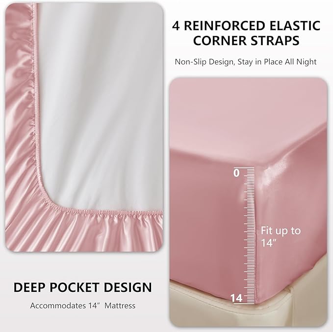CozyLux Satin Sheets King Size Sheet Set - 4 Piece Silky King Sheets, Luxury Dirty Pink King Bed Set with Smooth and Soft Microfiber, Includes 1 Fitted Sheet, 1 Flat Sheet and 2 Pillowcases