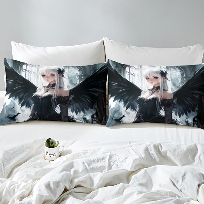 Erosebridal Anime Girl Bed Sheets Queen Size, Kawaii Japanese Anime Fitted Sheet for Kids Boys Teens Adult, Cartoon Girl Bedding Set Japan Animation Bedroom, Machine Washable, Black White