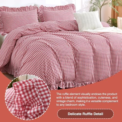 ATsense Red Gingham Ruffle Duvet Cover Set Cotton Like Linen, King