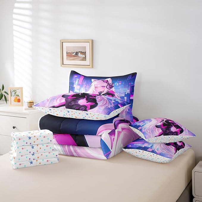 Erosebridal Queen Anime Girl Bedding Set 7 Piece, Kawaii Japanese Anime Comforter Sets Cartoon Girl Sheet Set Sci Fi Style Japanese Animation Bed in A Bag for Kids Girls Teens Adult Women Room