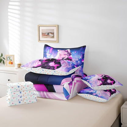 Erosebridal King Anime Girl Bedding Set 7 Piece, Kawaii Japanese Anime Comforter Sets Cartoon Girl Sheet Set Sci Fi Style Japanese Animation Bed in A Bag for Kids Girls Teens Adult Women Room
