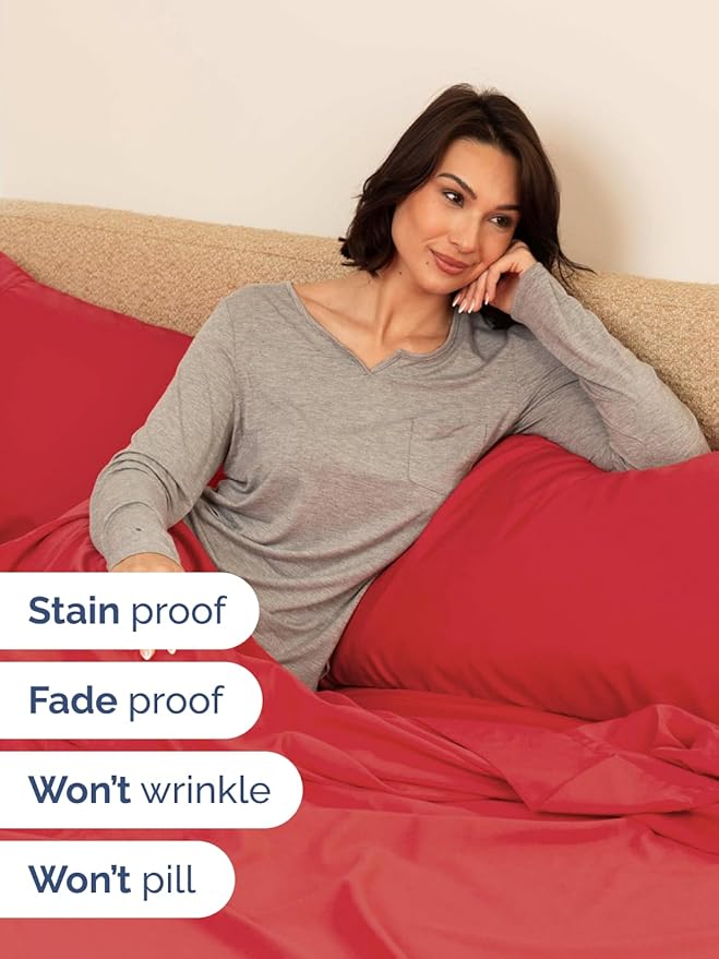Extra Deep Split King Sheet Set - 7 Piece Breathable and Cooling Sheets - Hotel Luxury Bedding for Women, Men, Kids & Teens - Easy Secure Fit - Soft, Wrinkle Free and Comfy - Extra Deep Pockets - Red
