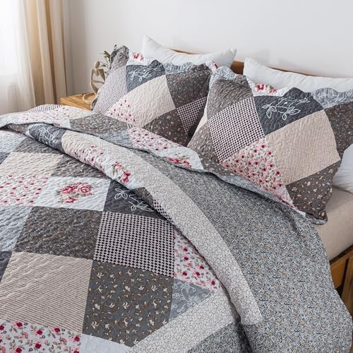 HoneiLife King Quilt Bedding Set - 3 Pieces Microfiber Quilt Sets Lightweight Bedspreads Reversible Coverlets Retro Bed Cover Quilt King Size All Season Quilts-Grey