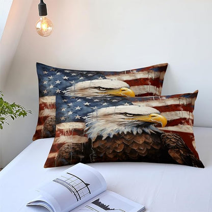 Camouflage American Flag Comforter Set Queen, Brown Vintage Eagle Print Soft Bedding Set for Adult,3Piece Wildlife Animal Lightweight Comforter with 2 Pillowcases,68 * 86/Brown White Blue