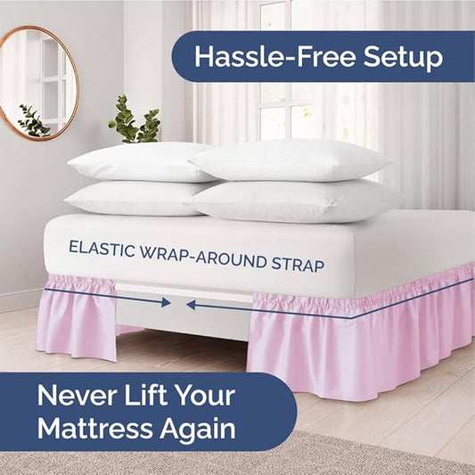 Wrap Around Dust Ruffle Bed Skirt - Light Pink - Twin/Twin XL Size Beds with 24 Inch Drop - Elastic Strap - Adjustable Pleated Bedskirt with Brushed Fabric and Wrinkle Free - Women, Men, Kids & Teens