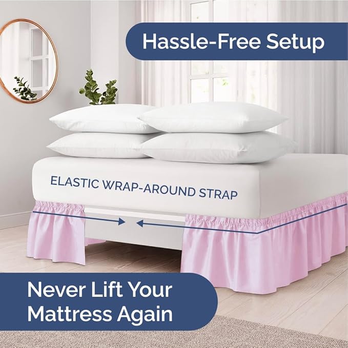 Wrap Around Dust Ruffle Bed Skirt - Light Pink - for Full Size Beds with 15 Inch Drop - Elastic Strap - Adjustable Pleated Bedskirt with Brushed Fabric and Wrinkle Free - for Women, Men, Kids & Teens