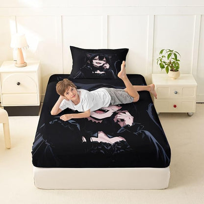 Erosebridal Anime Girl Twin Bed Sheets 3D Japanese Fitted Sheet,Gothic Style Cat Girls Kids Bedding Sets Cool Anime Gift Sheets with 1 Pillowcase