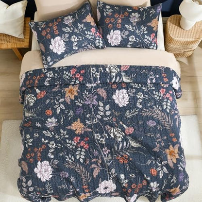 Litanika Floral Dark Blue Quilt - 3Pcs Botanical Birds Bedding Set
