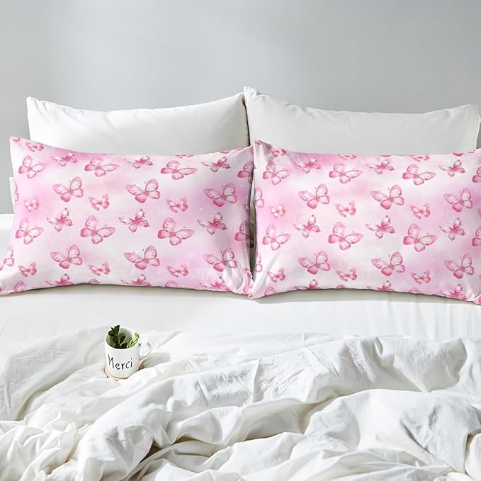 Erosebridal Pink Butterfly Full Bed Sheets for Kids Boys Girls 3D Pink Dreamy Butterfly Fitted Sheet,Colorful Ink Stick Printing Bedding Sets All Season Microfiber Sheets with 2 Pillowcases