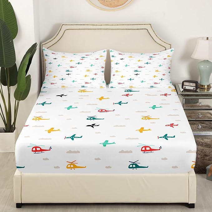 Kids Aircraft Bed Sheets Set Watercolor Transportation Vehicles Fitted Sheet Boys Airplanes Bedding Set Bedroom Decor Colorful Helicopter Sheet (King Flat Sheet & Fitted Sheet with 2 Pillow Case)