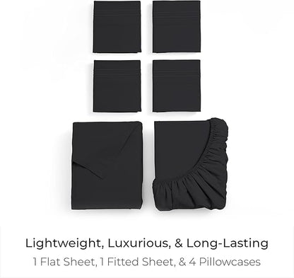 Mellanni Full Sheet Set - 6-Piece Iconic Collection Bedding, (Including 4 Pillowcases), 16-Inch Deep Pocket, Easy Care, Extra Soft, Cooling Sheets, Brushed Microfiber - Black