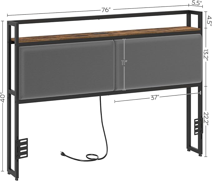 King Size Headboard Only with Storage Shelves, Upholstered Headboard with Charging Station, Height Adjustable, Sturdy and Stable, Vintage Style, Rustic Brown, Gray and Black