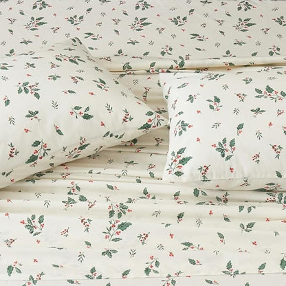 DAUAOTO 100% Cotton Bedding Christmas Printed Sheets Set for Full Size Bed Up to 14" Deep Mattress, Bedlinen Sets Holly Berries Pattern