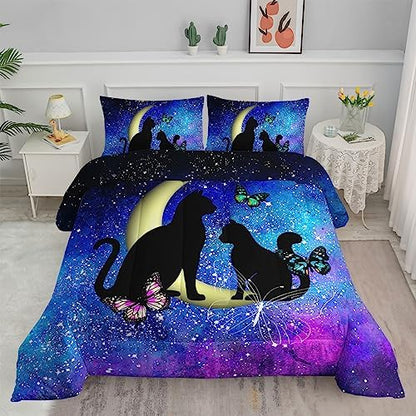 Axolotl Black Cat Comforter Bedding Set King,Cartoon Cat Butterflies Moon Printed Kids Bedding Set,Starry Sky Gradient Bedding for Kids Boys Girls Adults Teens All Season,1 Quilt 2 Pillow Cases,Blue