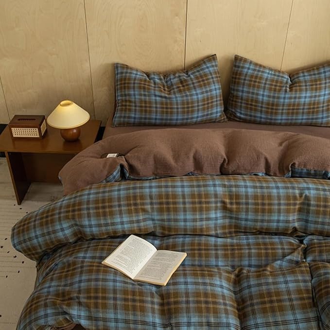 LifeTB Vintage Blue&Brown Plaid Duvet Cover Twin 100% Cotton Muslin Grid Checkered Plaid Bedding Set Breathable Soft Linen Like Gauze Comforter Cover Farmhouse Gingham Duvet Cover with Zipper Closure