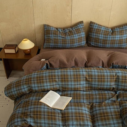 LifeTB Vintage Blue&Brown Plaid Duvet Cover Twin 100% Cotton Muslin Grid Checkered Plaid Bedding Set Breathable Soft Linen Like Gauze Comforter Cover Farmhouse Gingham Duvet Cover with Zipper Closure
