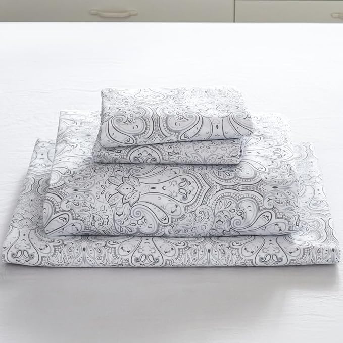 100% Cotton Sheets Set Twin Size Printed Bedding Sets, Up to 14" Deep Mattress, Farmhouse Pattern Bedlinen Set, Gray Damask