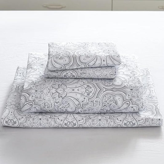 100% Cotton Sheets Set Twin Size Printed Bedding Sets, Up to 14" Deep Mattress, Farmhouse Pattern Bedlinen Set, Gray Damask