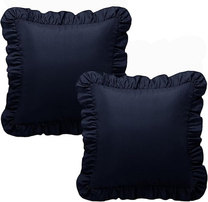KKJIAF Ruffle Pillow Cases 18x18 Inches, Navy Blue Square Ruffled Pillow Covers Set of 2, Microfiber Wrinkle Resistant Pillow Shams with Envelope Closure for Sofa Bed Living Room