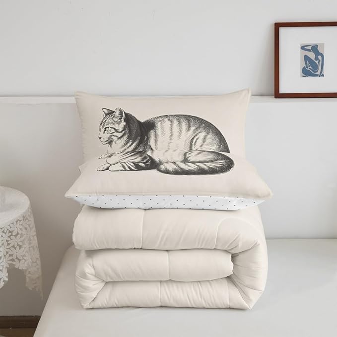 Erosebridal Cat Comforter Set King Size Kitten 3D Quilt Insert for Kids Boys Girls Kawaii Sketch Animal Cute Beige White Comforter Warm Soft Bedding Set