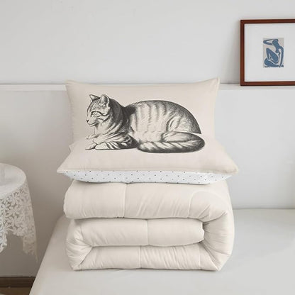Erosebridal Cat Comforter Set King Size Kitten 3D Quilt Insert for Kids Boys Girls Kawaii Sketch Animal Cute Beige White Comforter Warm Soft Bedding Set