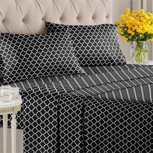 Queen 4 Piece Striped Sheet Set - Breathable & Cooling - Black Quatrefoil