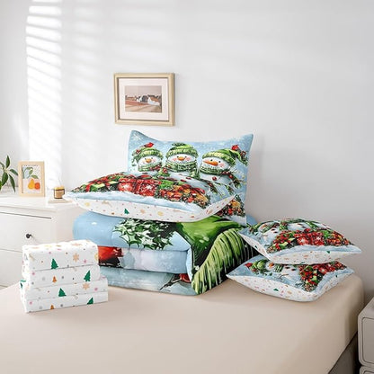 Castle Fairy Cute Winter Snowman King Comforter Set with Sheets Bed in a Bag 7 Pcs, Botanical Leaves Bed Set,Farmhouse Style Bedding Sets with Comforter,Flat,Fitted Sheet,Pillowcases,Pillow Covers