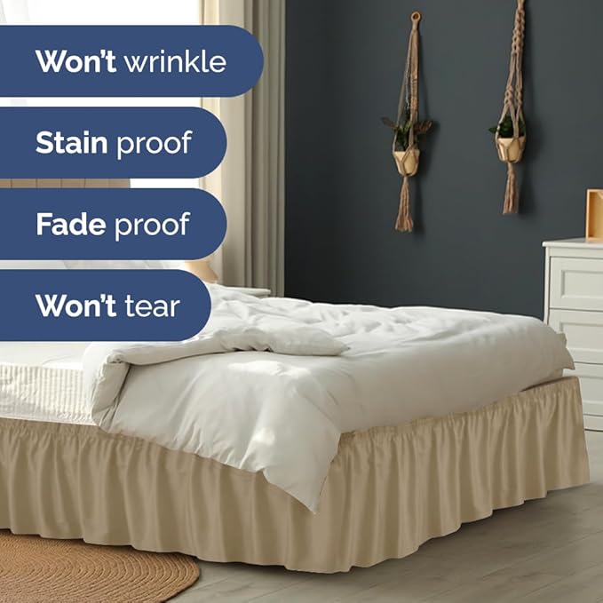 Wrap Around Dust Ruffle Bed Skirt - Beige - Twin/Twin XL Size Beds with 12 Inch Drop - Easy Fit Elastic Strap - Adjustable Pleated Bedskirt w/Brushed Fabric - Wrinkle Free - Women, Men, Kids & Teens