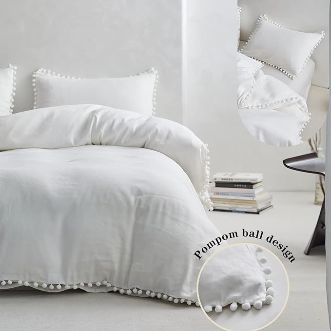 Simple&Opulence French Linen Blended Duvet Cover Queen, Flax Viscose Derived from Bamboo Bedding Set with Pom Pom Trim Soft Cooling for Hot Sleepers, 1 Boho Comforter Cover and 2 Pillow Shams, White