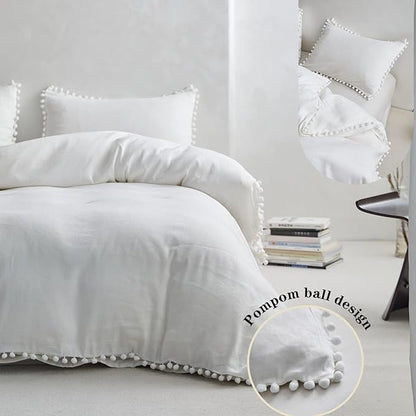 Simple&Opulence French Linen Blended Duvet Cover Queen, Flax Viscose Derived from Bamboo Bedding Set with Pom Pom Trim Soft Cooling for Hot Sleepers, 1 Boho Comforter Cover and 2 Pillow Shams, White