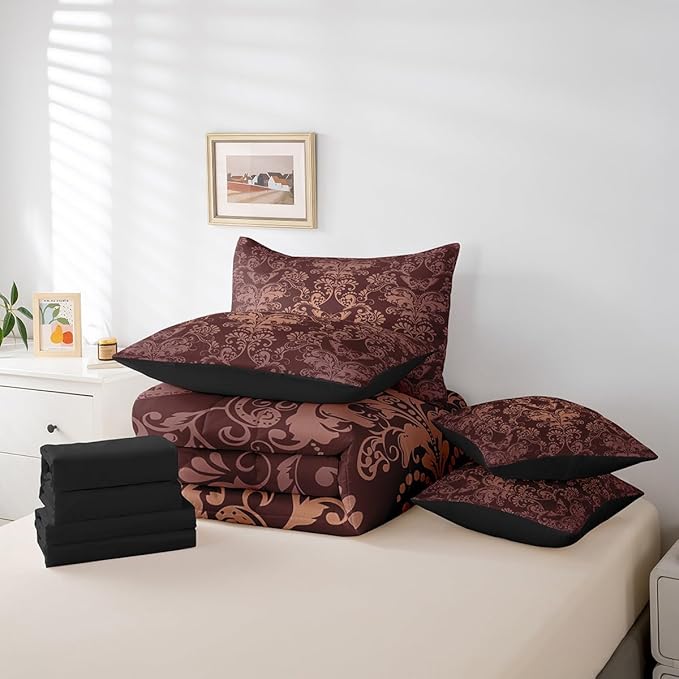 Erosebridal Gothic Damask Bed in a Bag King Size Comforter Set 7 Pieces,Butterfly Skull Bedding Sets Brown Victorian Floral Goth Sheet Set with Comforter
