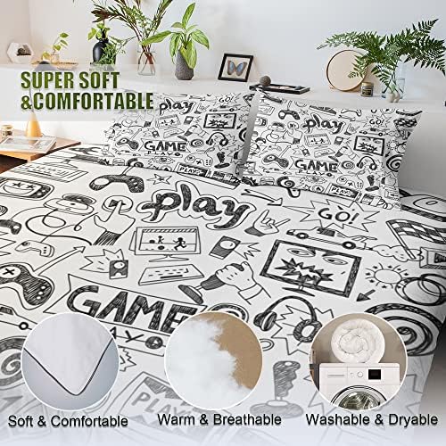 Gaming Comforter Sets for Boys Teen Queen Size,Kids Video Games Bedding Set Sketch Style Athletic Racing Game Design Bedroom Home Decor
