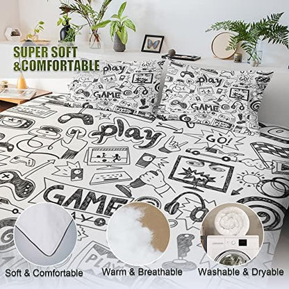 Gaming Comforter Sets for Boys Teen Queen Size,Kids Video Games Bedding Set Sketch Style Athletic Racing Game Design Bedroom Home Decor