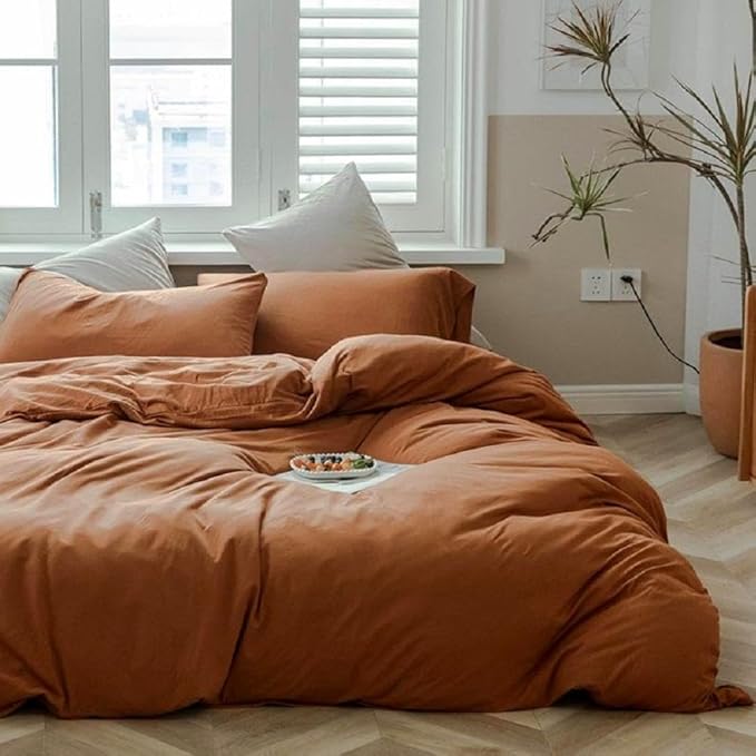 LifeTB Terracotta Burnt Orange Duvet Cover Queen Jersey Knit Duvet Cover Set 100% T-Shirt Cotton Comforter Cover Rust Color Caramel Bedding Set Boho Pumpkin Orange Comforter Cover with Zipper Closure
