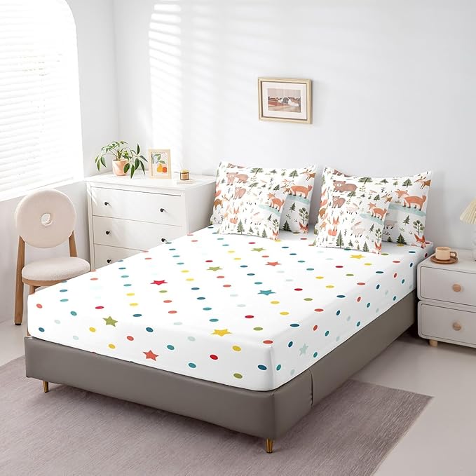 Feelyou Cartoon Animals Comforter Set 7 Pieces Queen Size Cute Zoo Bear Fox Rabbit Bedding Set for Boys Girls Nature Bed in a Bag with Comforter, Sheets, Pillowcases & Cushion Covers