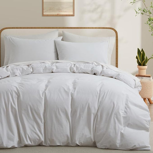 100% Washed Cotton Duvet Cover Set, Linen Like Natural Bedding Set with Zipper Closure (No Comforter), 104x98 Inches, Cal King, White