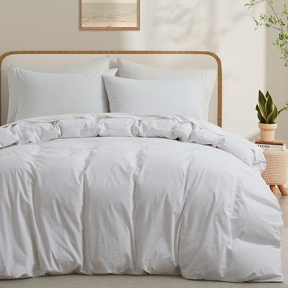 100% Washed Cotton Duvet Cover Queen Size, White Linen Like Breathable Natural Bedding Set (No Comforter), 90x90 Inches