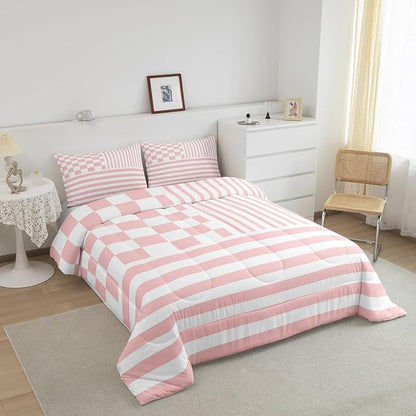 Pink Check Comforter Set Fashion Buffalo Plaid Bedding Set Modern Simple Style Bedding Home Decor Pink Stripes Geometric Comforter Twin Size Quilted Duvet Set 1 Comforter with 1 Pillowcase