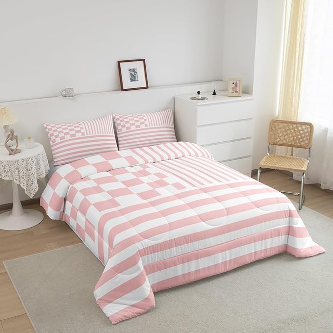 Pink Check Comforter Set Fashion Buffalo Plaid Bedding Set Modern Simple Style Bedding Home Decor Pink Stripes Geometric Comforter King Size Quilted Duvet Set 1 Comforter with 2 Pillowcase